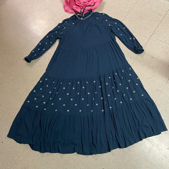 IN LOOM Sz M Teal Maxi Dress Self Ties Tiered Embroidered Cottagecore Peasant - Picture 7 of 13